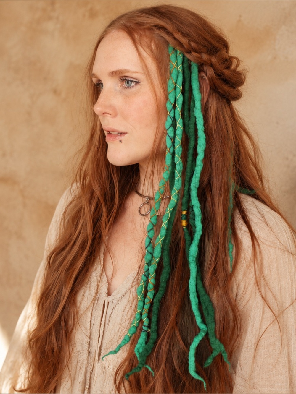 Green Merino Wool Clip In Dreadlocks Extensions Handmade Miss Violet Lace